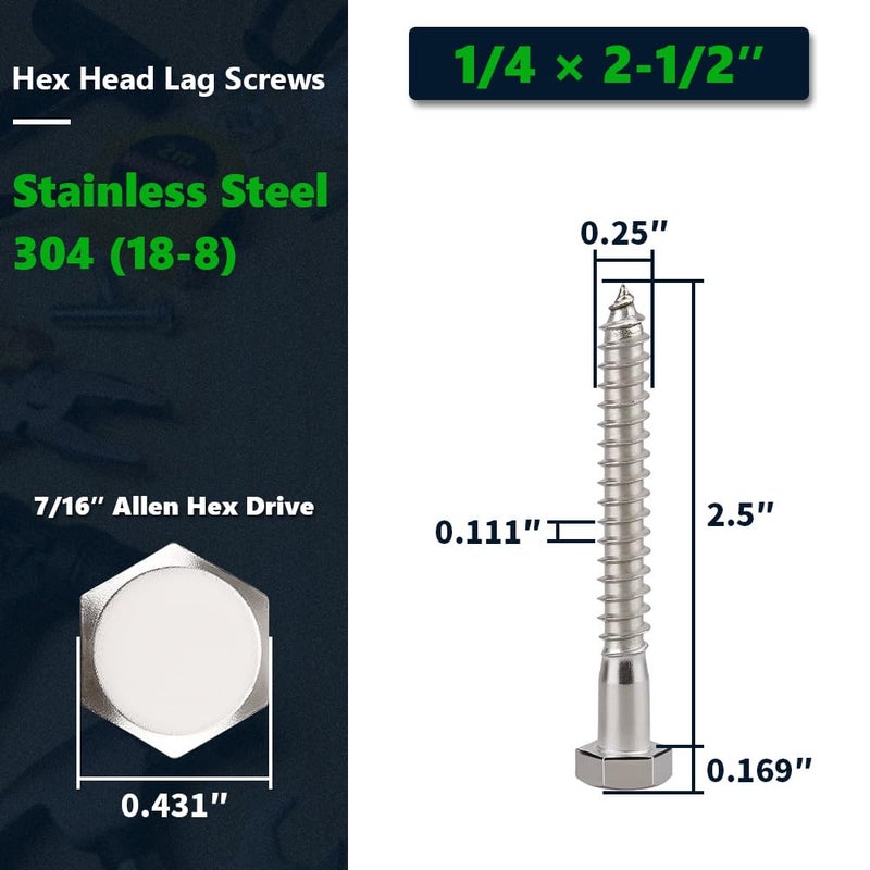RoyceMart 20-Sets 1/4 x 2-1/2" Hex Head Lag Screws & Flat Washers, Heavy Duty Lag Wood Screws, 304 Stainless Steel (18-8), 1/4" Bolt - Image 2